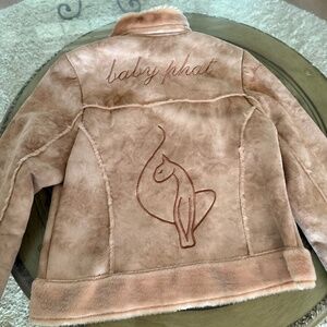 Vintage Y2K Baby Phat Faux Suede Embroidered Cat Jacket M Tan Brown Faux Fur